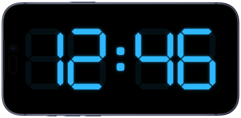 iPhone tenu à l'horizontale, l'afficheur Countdown occupant tout l'écran : thème bleu, chiffres à sept segments sur fond noir, 12:46.
