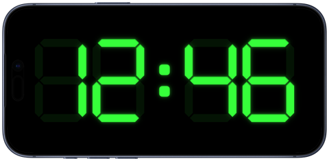 iPhone tenu à l'horizontale, l'afficheur Countdown occupant tout l'écran : thème vert, chiffres à sept segments sur fond noir, 12:46.