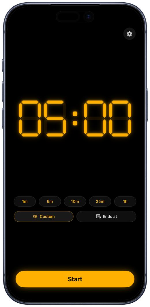 Countdown's home screen on iPhone: amber display reading 05:00 on black, a row of quick durations — 1m, 5m, 10m, 25m, 1h — a Custom button, a Start button and the settings gear.