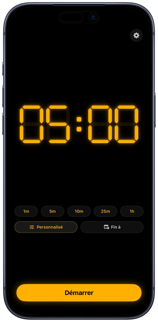 Écran d'accueil de Countdown sur iPhone : afficheur ambre indiquant 05:00 sur fond noir, une rangée de durées rapides — 1m, 5m, 10m, 25m, 1h — un bouton Personnalisé, un bouton Démarrer et l'engrenage des réglages.