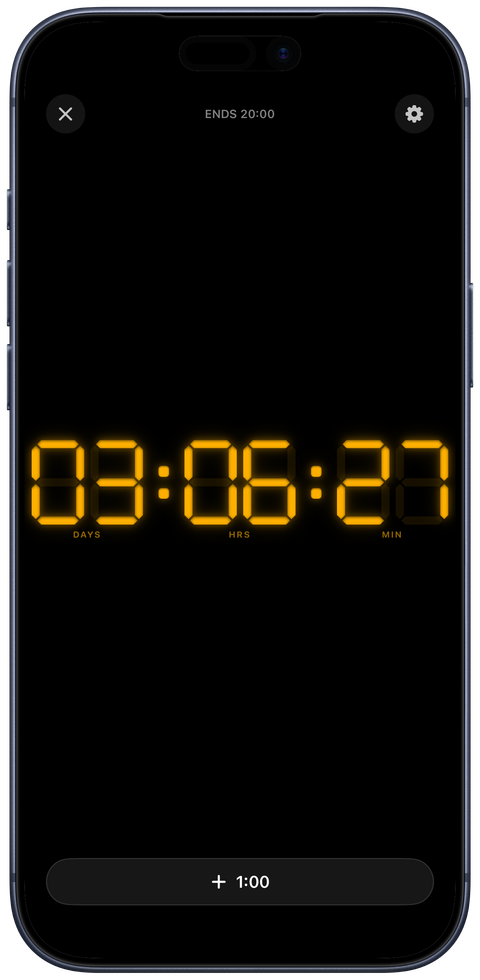 Countdown in target-time mode on iPhone: 'ENDS 20:00' at the top, the display reading 03:06:27 with DAYS, HRS and MIN captions, a +1:00 button at the bottom, and no Pause button.