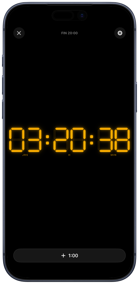 Countdown en mode heure cible sur iPhone : la mention FIN 20:00 en haut, l'afficheur indiquant 03:20:38 avec les légendes JRS, H et MIN, un bouton +1:00 en bas, et aucun bouton de pause.
